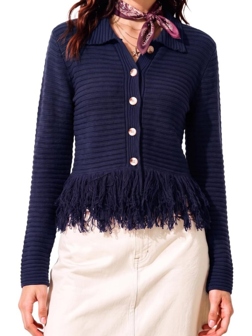 Women's Blue Knit Button Front Collared Fringe Hem Western Cardigan Sweater